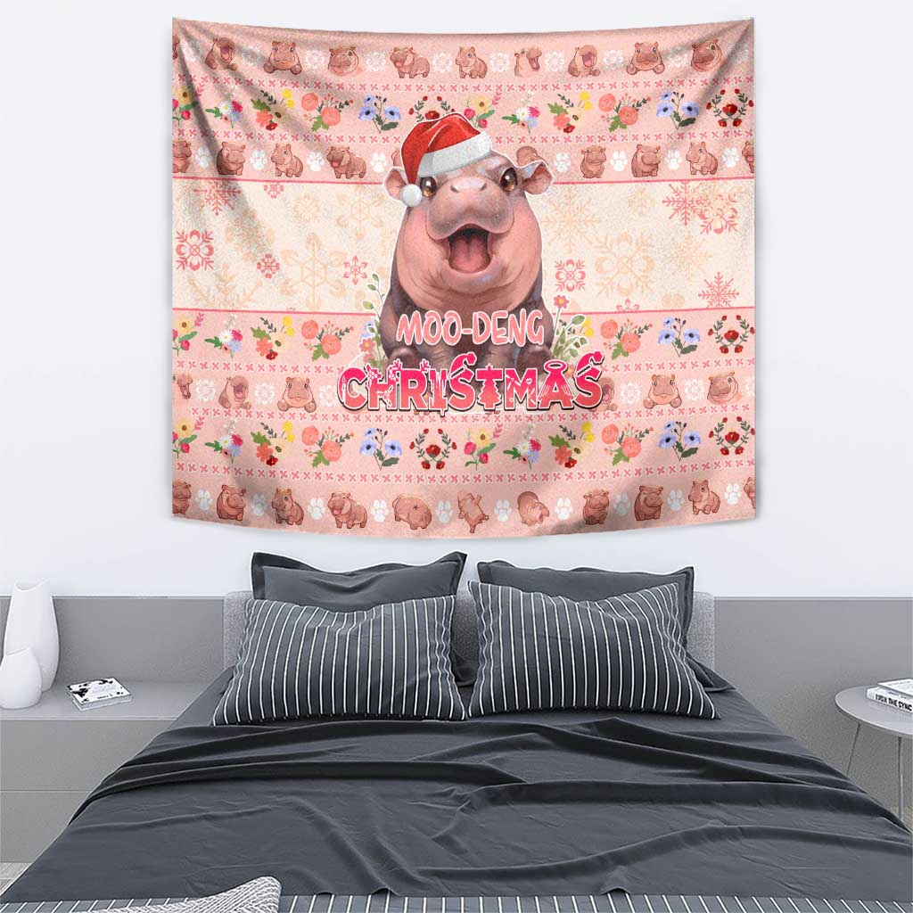Moodeng Christmas Tapestry Cute Hippo Holiday with Pastel Floral Festive Vibes - Wonder Print Shop