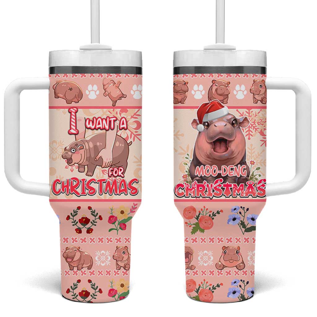 Moodeng Christmas Tumbler With Handle Cute Hippo Holiday with Pastel Floral Festive Vibes - Wonder Print Shop