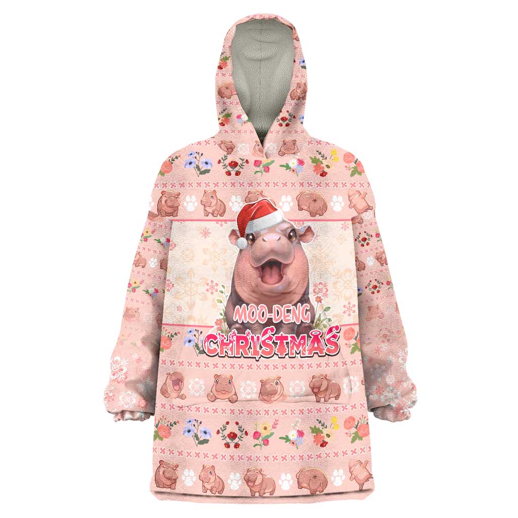 Moodeng Christmas Wearable Blanket Hoodie Cute Hippo Holiday with Pastel Floral Festive Vibes - Wonder Print Shop