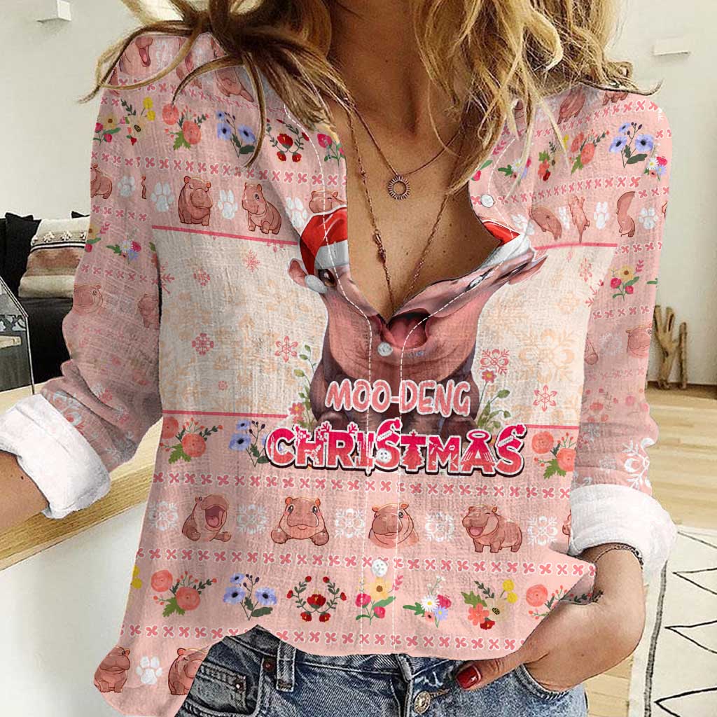 Moodeng Christmas Women Casual Shirt Cute Hippo Holiday with Pastel Floral Festive Vibes - Wonder Print Shop