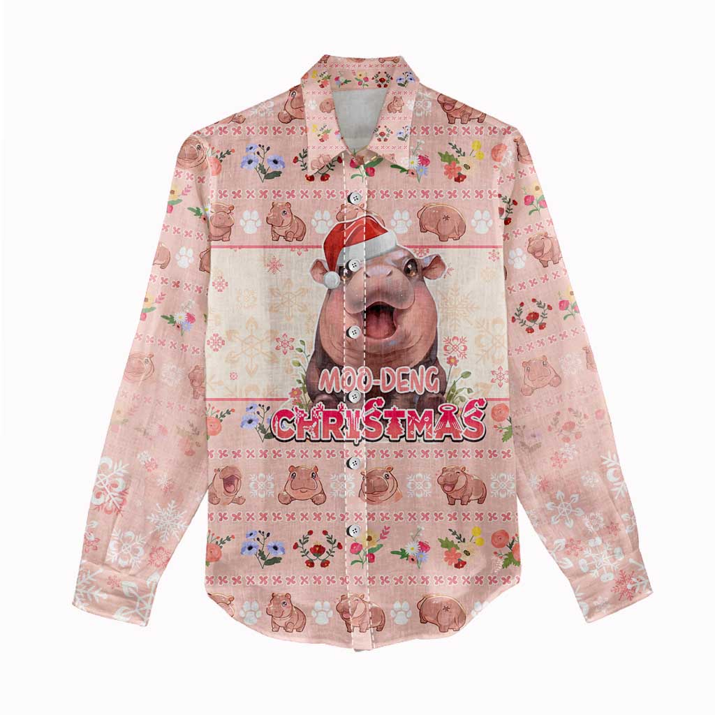 Moodeng Christmas Women Casual Shirt Cute Hippo Holiday with Pastel Floral Festive Vibes - Wonder Print Shop