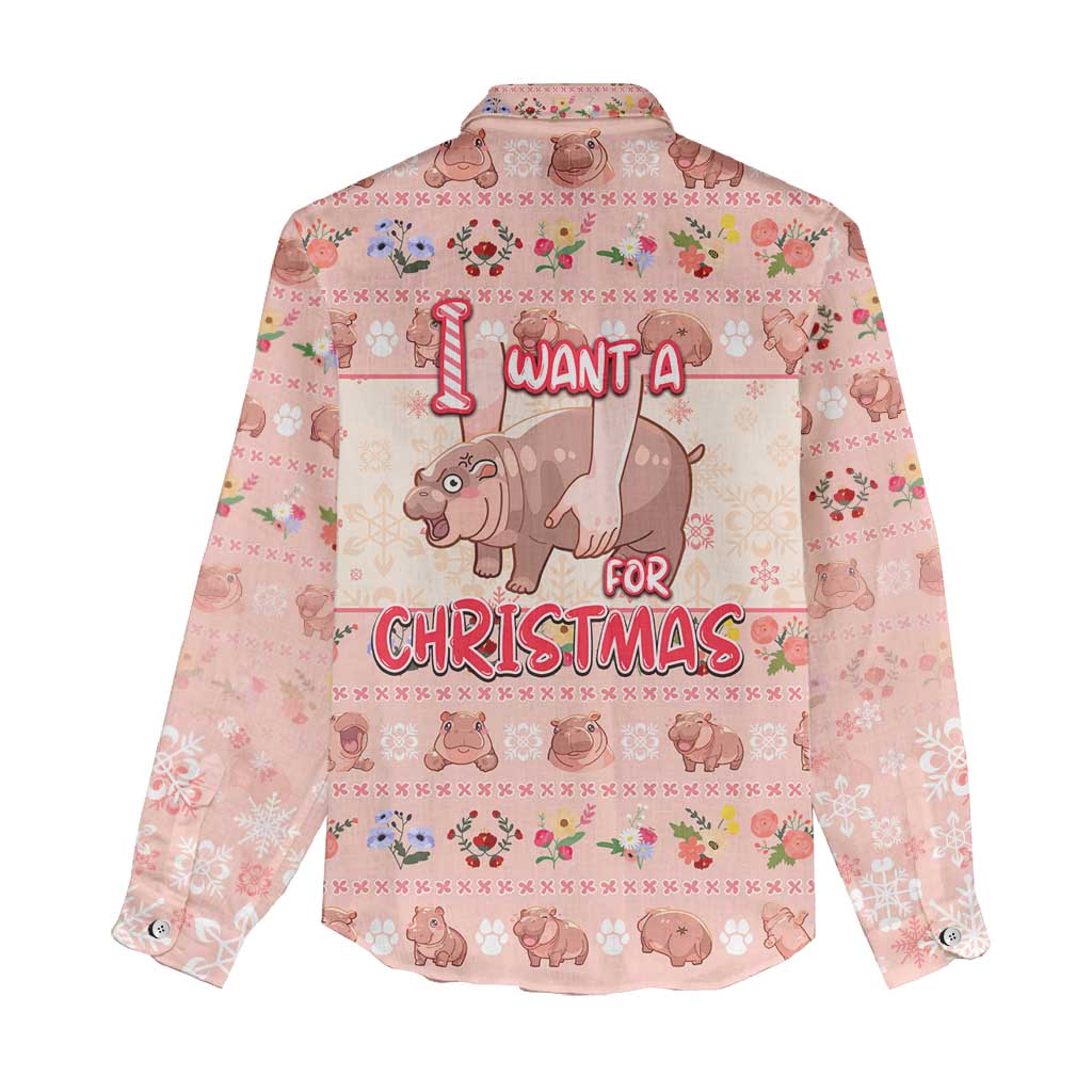Moodeng Christmas Women Casual Shirt Cute Hippo Holiday with Pastel Floral Festive Vibes - Wonder Print Shop