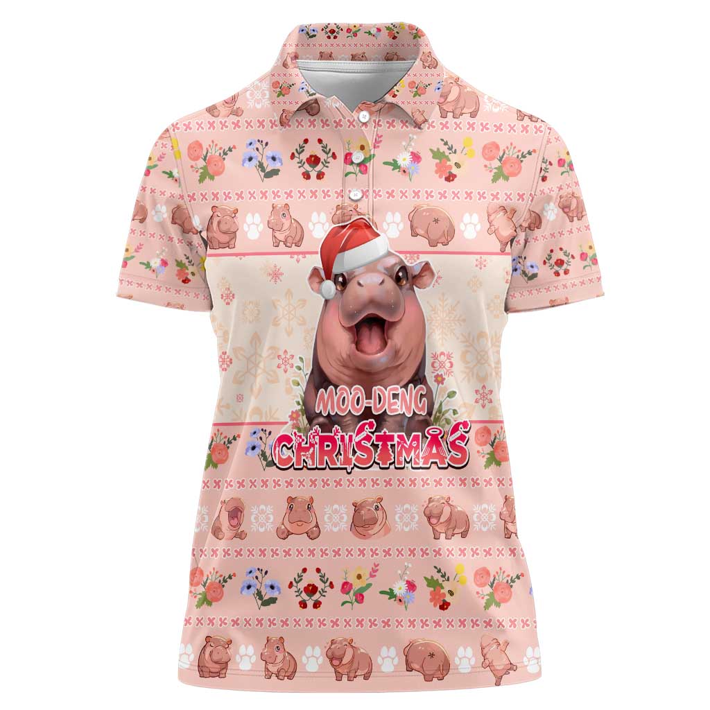 Moodeng Christmas Women Polo Shirt Cute Hippo Holiday with Pastel Floral Festive Vibes - Wonder Print Shop