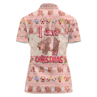 Moodeng Christmas Women Polo Shirt Cute Hippo Holiday with Pastel Floral Festive Vibes - Wonder Print Shop