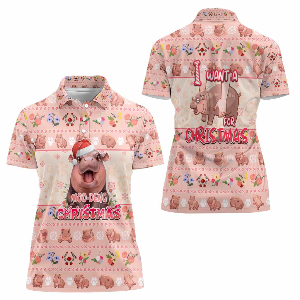 Moodeng Christmas Women Polo Shirt Cute Hippo Holiday with Pastel Floral Festive Vibes - Wonder Print Shop
