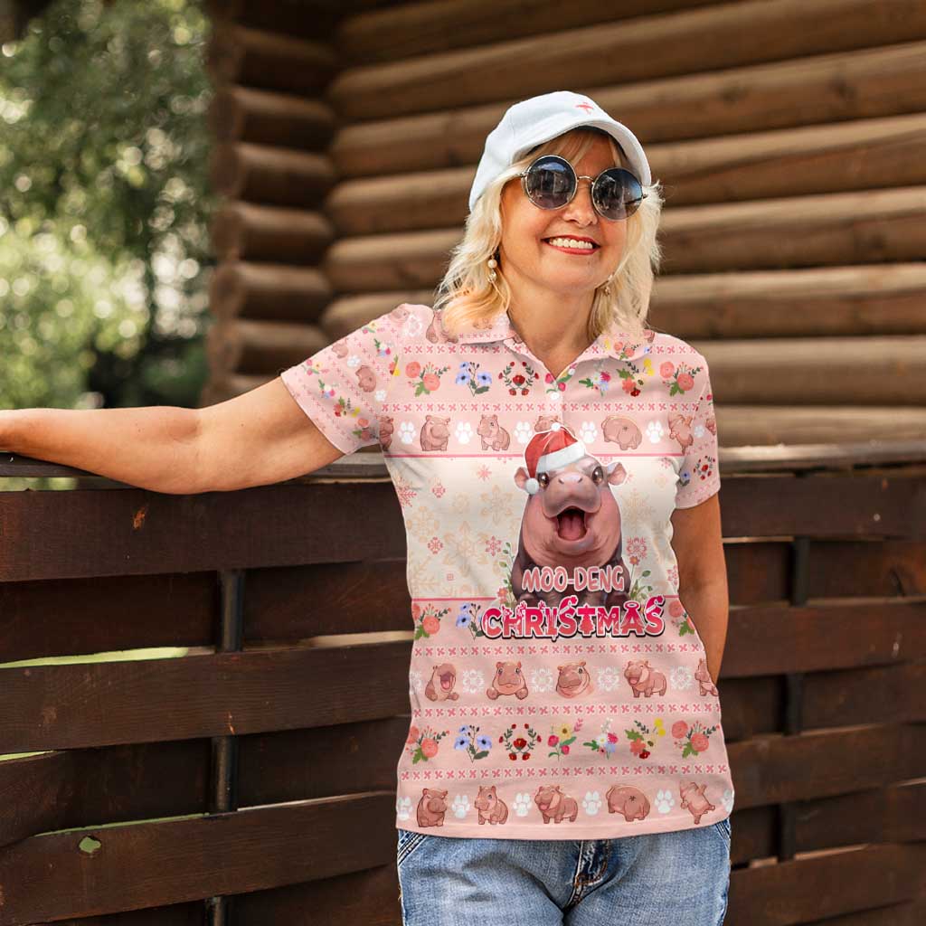 Moodeng Christmas Women Polo Shirt Cute Hippo Holiday with Pastel Floral Festive Vibes - Wonder Print Shop