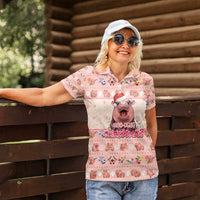 Moodeng Christmas Women Polo Shirt Cute Hippo Holiday with Pastel Floral Festive Vibes - Wonder Print Shop