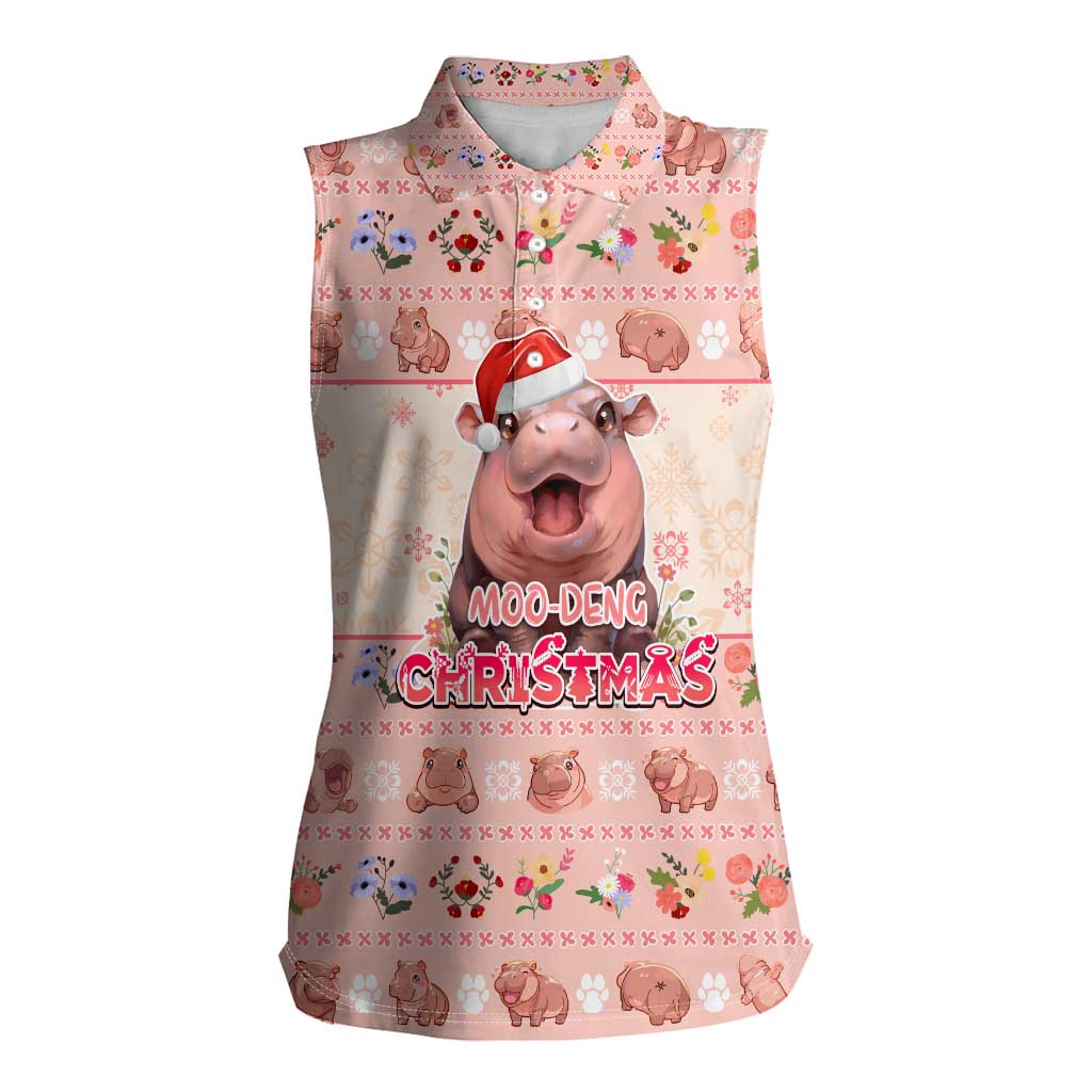 Moodeng Christmas Women Sleeveless Polo Shirt Cute Hippo Holiday with Pastel Floral Festive Vibes - Wonder Print Shop