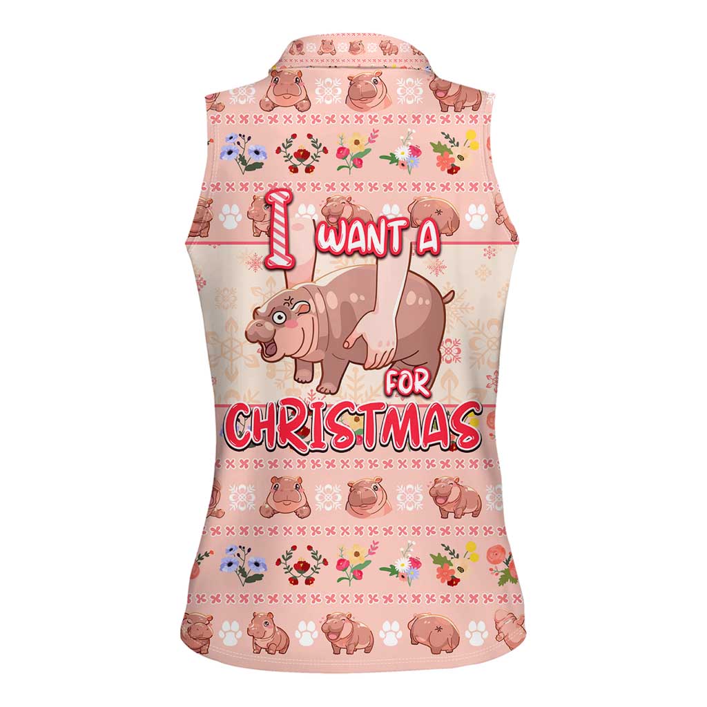 Moodeng Christmas Women Sleeveless Polo Shirt Cute Hippo Holiday with Pastel Floral Festive Vibes - Wonder Print Shop