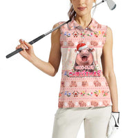 Moodeng Christmas Women Sleeveless Polo Shirt Cute Hippo Holiday with Pastel Floral Festive Vibes - Wonder Print Shop