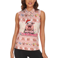 Moodeng Christmas Women Sleeveless Polo Shirt Cute Hippo Holiday with Pastel Floral Festive Vibes - Wonder Print Shop