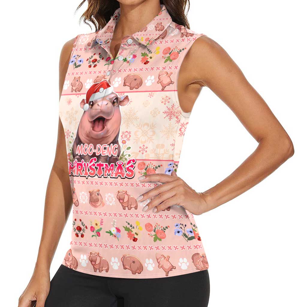 Moodeng Christmas Women Sleeveless Polo Shirt Cute Hippo Holiday with Pastel Floral Festive Vibes - Wonder Print Shop