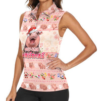 Moodeng Christmas Women Sleeveless Polo Shirt Cute Hippo Holiday with Pastel Floral Festive Vibes - Wonder Print Shop