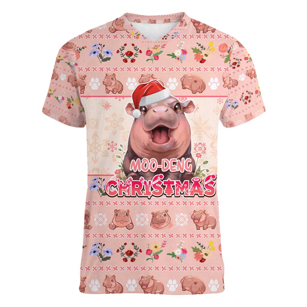 Moodeng Christmas Women V-Neck T-Shirt Cute Hippo Holiday with Pastel Floral Festive Vibes - Wonder Print Shop