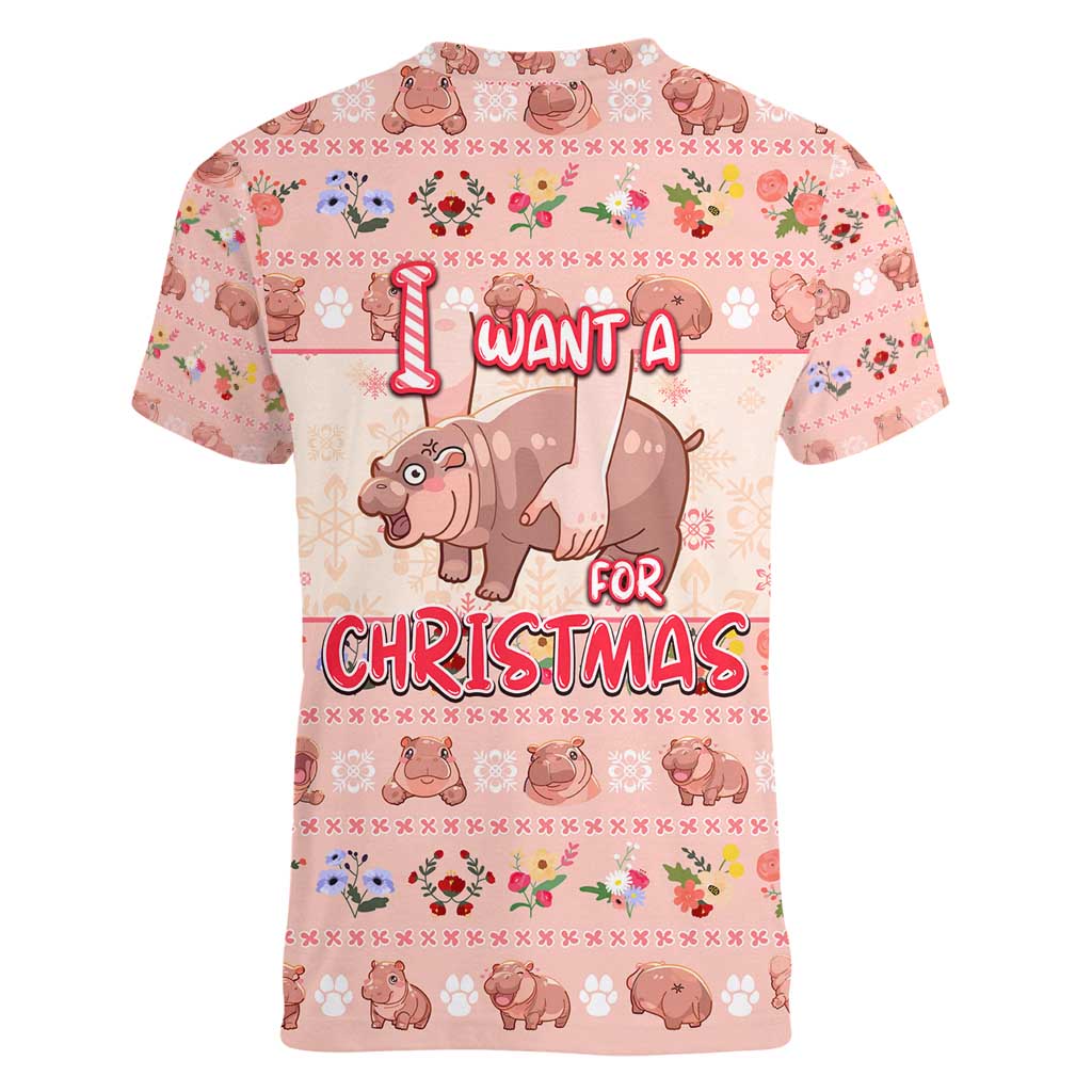 Moodeng Christmas Women V-Neck T-Shirt Cute Hippo Holiday with Pastel Floral Festive Vibes - Wonder Print Shop
