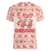 Moodeng Christmas Women V-Neck T-Shirt Cute Hippo Holiday with Pastel Floral Festive Vibes - Wonder Print Shop