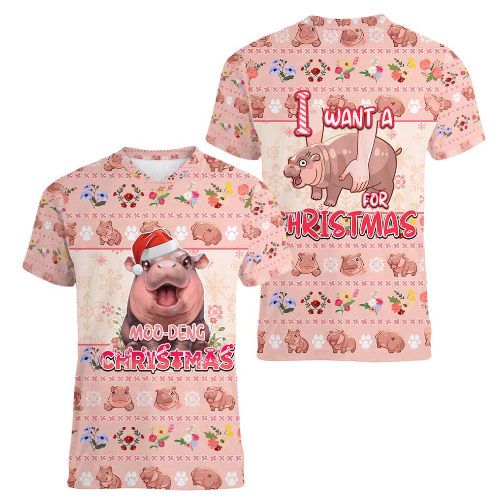 Moodeng Christmas Women V-Neck T-Shirt Cute Hippo Holiday with Pastel Floral Festive Vibes - Wonder Print Shop