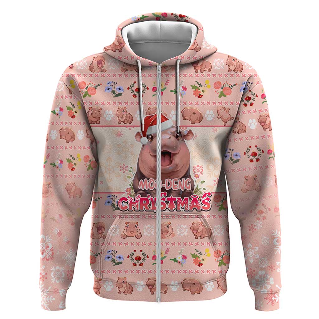 Moodeng Christmas Zip Hoodie Cute Hippo Holiday with Pastel Floral Festive Vibes - Wonder Print Shop