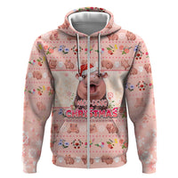 Moodeng Christmas Zip Hoodie Cute Hippo Holiday with Pastel Floral Festive Vibes - Wonder Print Shop
