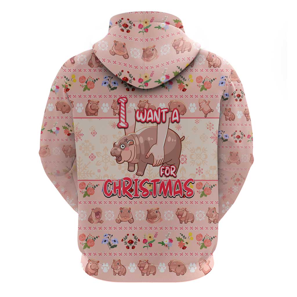 Moodeng Christmas Zip Hoodie Cute Hippo Holiday with Pastel Floral Festive Vibes - Wonder Print Shop