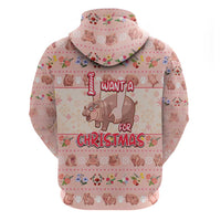Moodeng Christmas Zip Hoodie Cute Hippo Holiday with Pastel Floral Festive Vibes - Wonder Print Shop