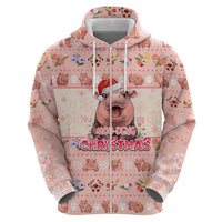 Moodeng Christmas Zip Hoodie Cute Hippo Holiday with Pastel Floral Festive Vibes - Wonder Print Shop