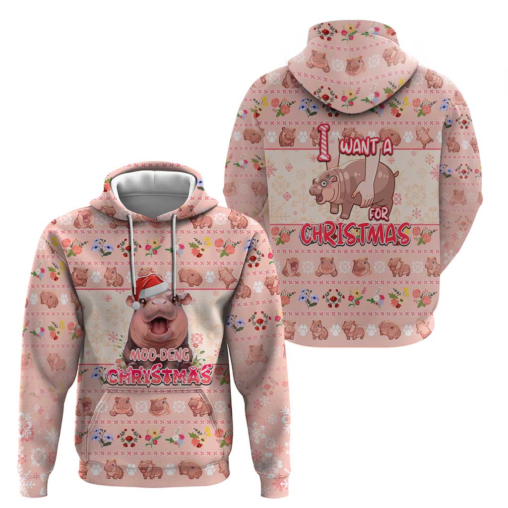 Moodeng Christmas Zip Hoodie Cute Hippo Holiday with Pastel Floral Festive Vibes - Wonder Print Shop