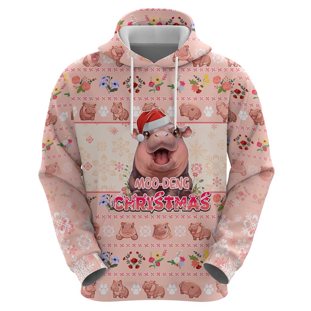 Moodeng Christmas Zip Hoodie Cute Hippo Holiday with Pastel Floral Festive Vibes - Wonder Print Shop