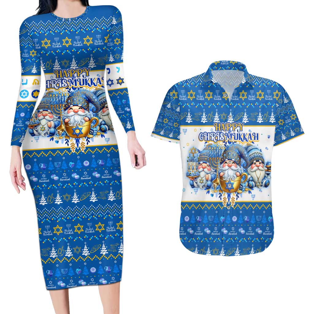 Happy Chrismukkah Couples Matching Long Sleeve Bodycon Dress and Hawaiian Shirt Gnome Funny Hanukkah Christmas Mashup - Wonder Print Shop
