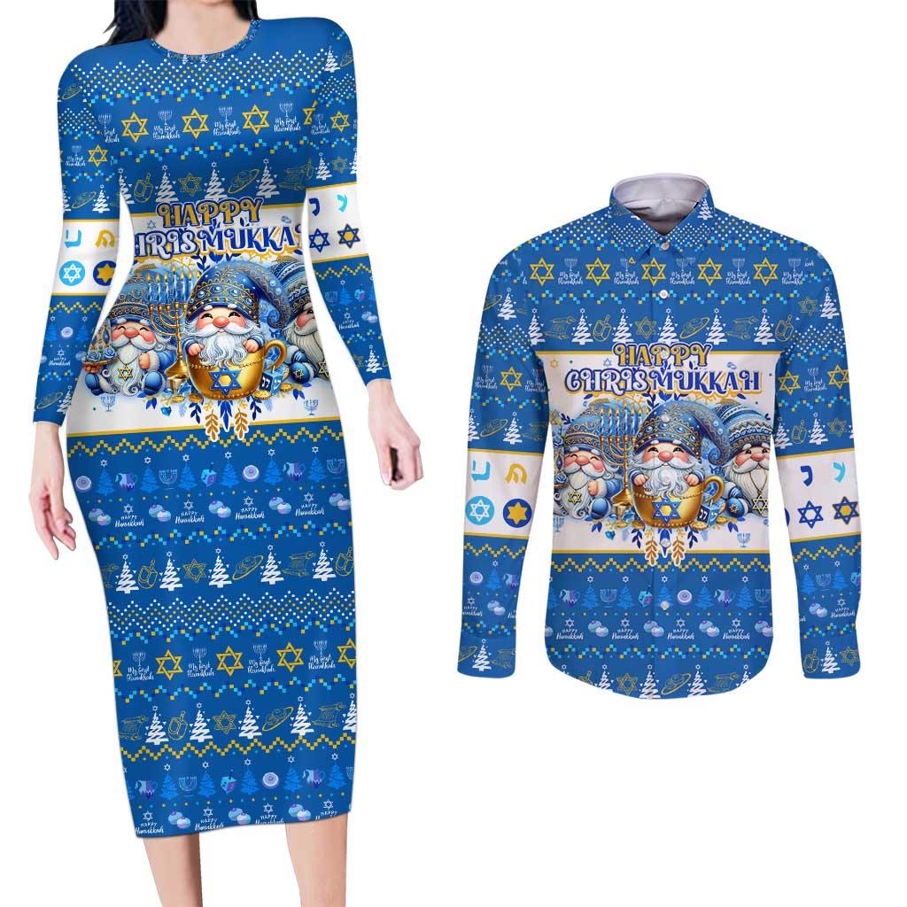 Happy Chrismukkah Couples Matching Long Sleeve Bodycon Dress and Long Sleeve Button Shirt Gnome Funny Hanukkah Christmas Mashup - Wonder Print Shop