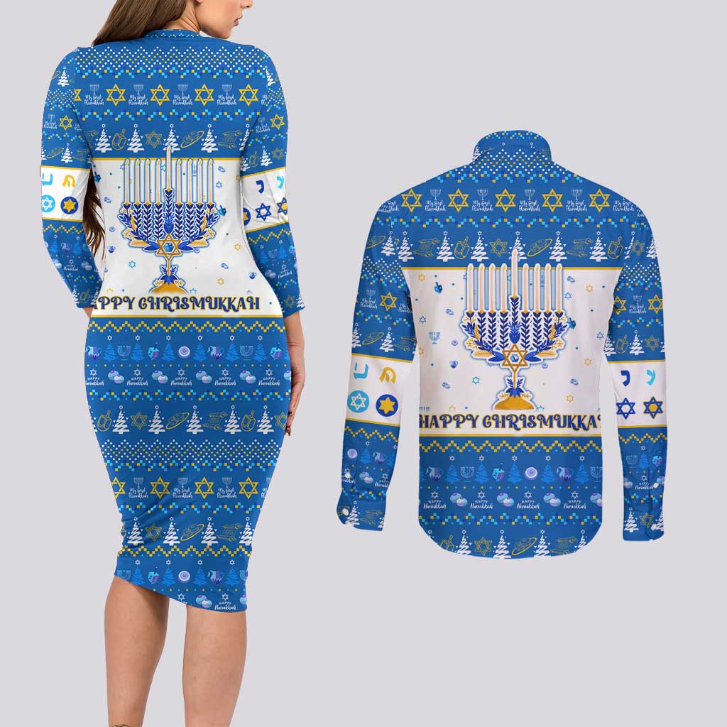 Happy Chrismukkah Couples Matching Long Sleeve Bodycon Dress and Long Sleeve Button Shirt Gnome Funny Hanukkah Christmas Mashup - Wonder Print Shop