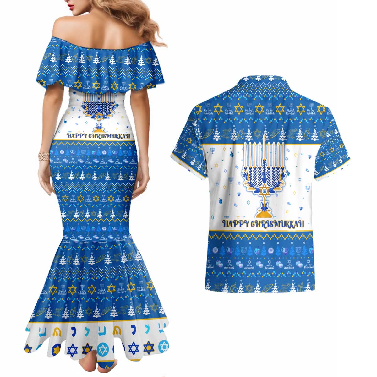 Happy Chrismukkah Couples Matching Mermaid Dress and Hawaiian Shirt Gnome Funny Hanukkah Christmas Mashup - Wonder Print Shop
