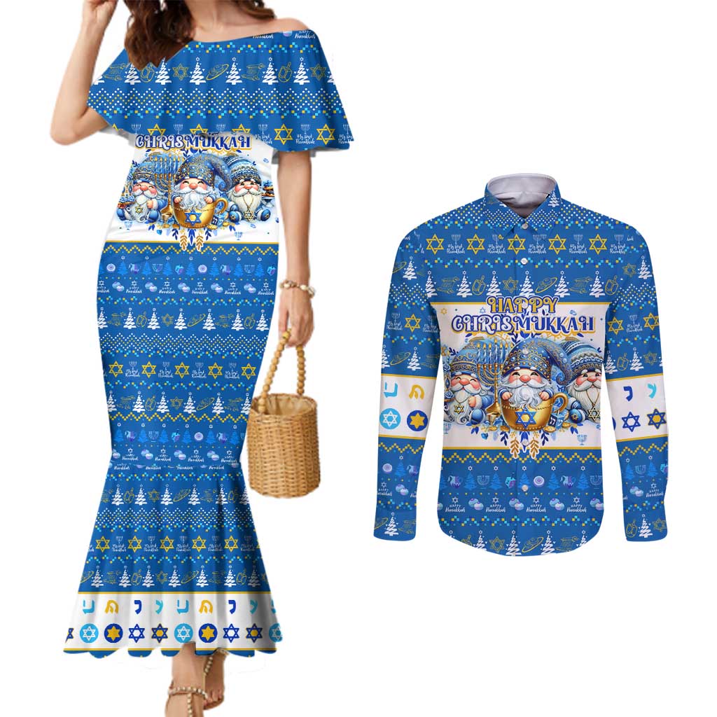 Happy Chrismukkah Couples Matching Mermaid Dress and Long Sleeve Button Shirt Gnome Funny Hanukkah Christmas Mashup - Wonder Print Shop