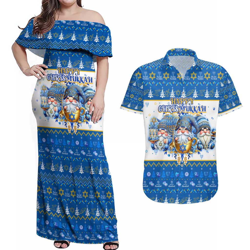 Happy Chrismukkah Couples Matching Off Shoulder Maxi Dress and Hawaiian Shirt Gnome Funny Hanukkah Christmas Mashup - Wonder Print Shop