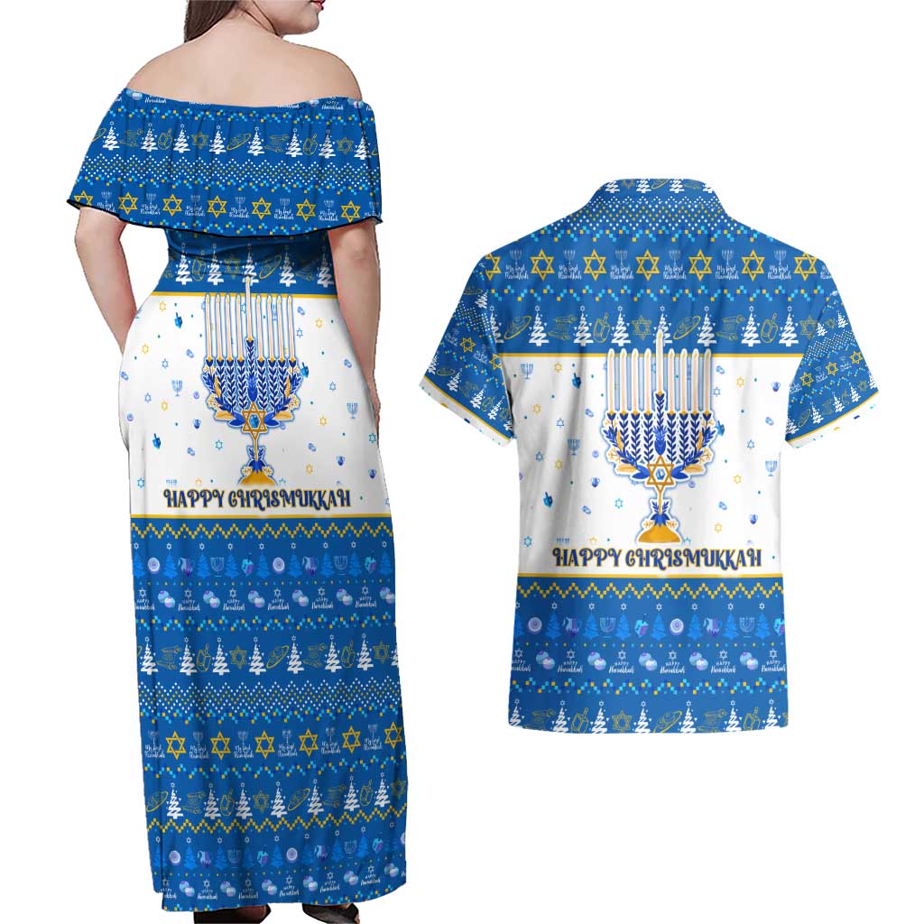 Happy Chrismukkah Couples Matching Off Shoulder Maxi Dress and Hawaiian Shirt Gnome Funny Hanukkah Christmas Mashup - Wonder Print Shop
