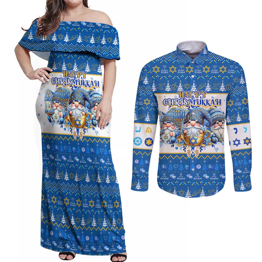 Happy Chrismukkah Couples Matching Off Shoulder Maxi Dress and Long Sleeve Button Shirt Gnome Funny Hanukkah Christmas Mashup - Wonder Print Shop