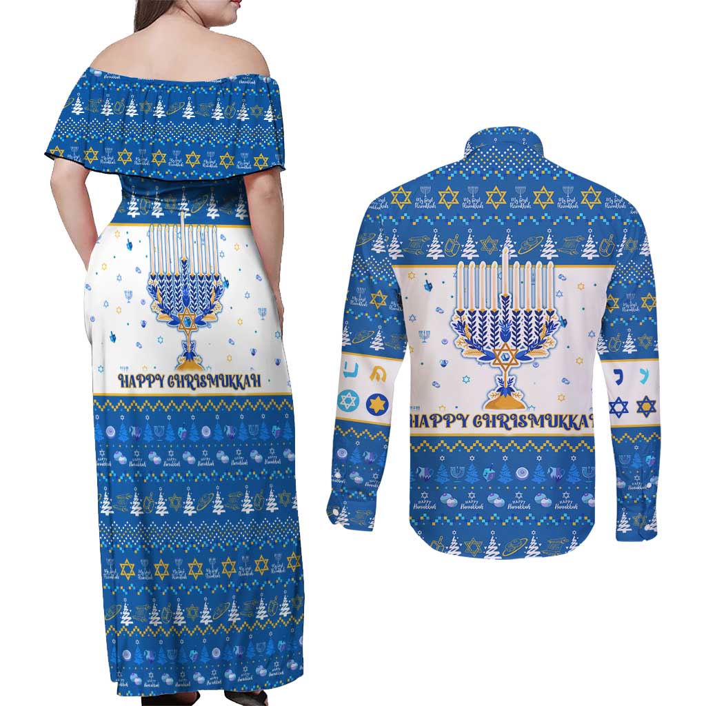 Happy Chrismukkah Couples Matching Off Shoulder Maxi Dress and Long Sleeve Button Shirt Gnome Funny Hanukkah Christmas Mashup - Wonder Print Shop