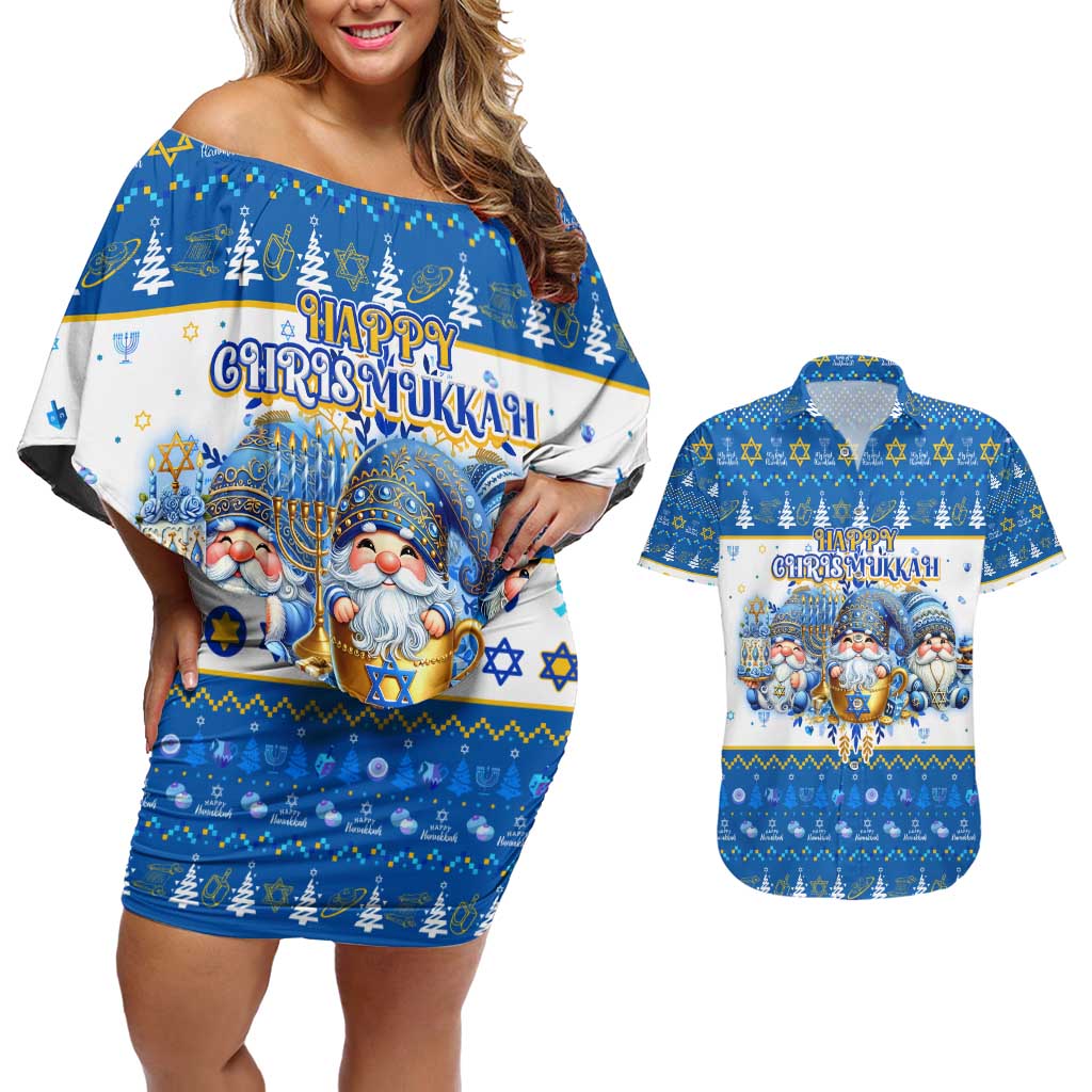 Happy Chrismukkah Couples Matching Off Shoulder Short Dress and Hawaiian Shirt Gnome Funny Hanukkah Christmas Mashup - Wonder Print Shop