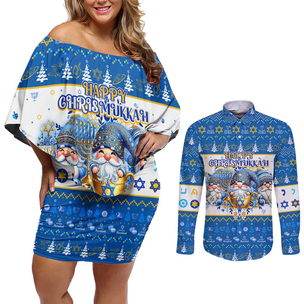 Happy Chrismukkah Couples Matching Off Shoulder Short Dress and Long Sleeve Button Shirt Gnome Funny Hanukkah Christmas Mashup - Wonder Print Shop