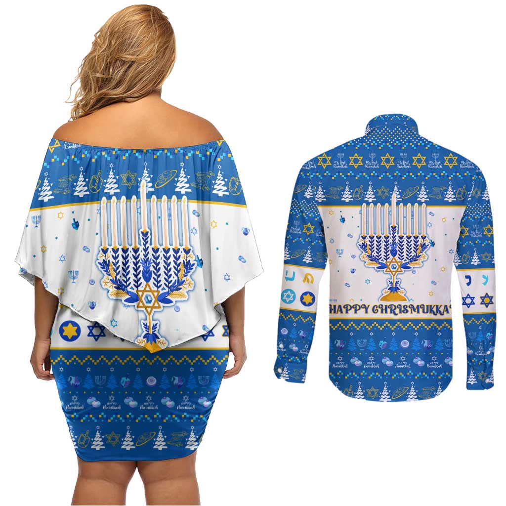Happy Chrismukkah Couples Matching Off Shoulder Short Dress and Long Sleeve Button Shirt Gnome Funny Hanukkah Christmas Mashup - Wonder Print Shop