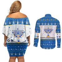Happy Chrismukkah Couples Matching Off Shoulder Short Dress and Long Sleeve Button Shirt Gnome Funny Hanukkah Christmas Mashup - Wonder Print Shop