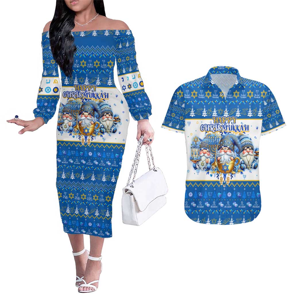 Happy Chrismukkah Couples Matching Off The Shoulder Long Sleeve Dress and Hawaiian Shirt Gnome Funny Hanukkah Christmas Mashup - Wonder Print Shop