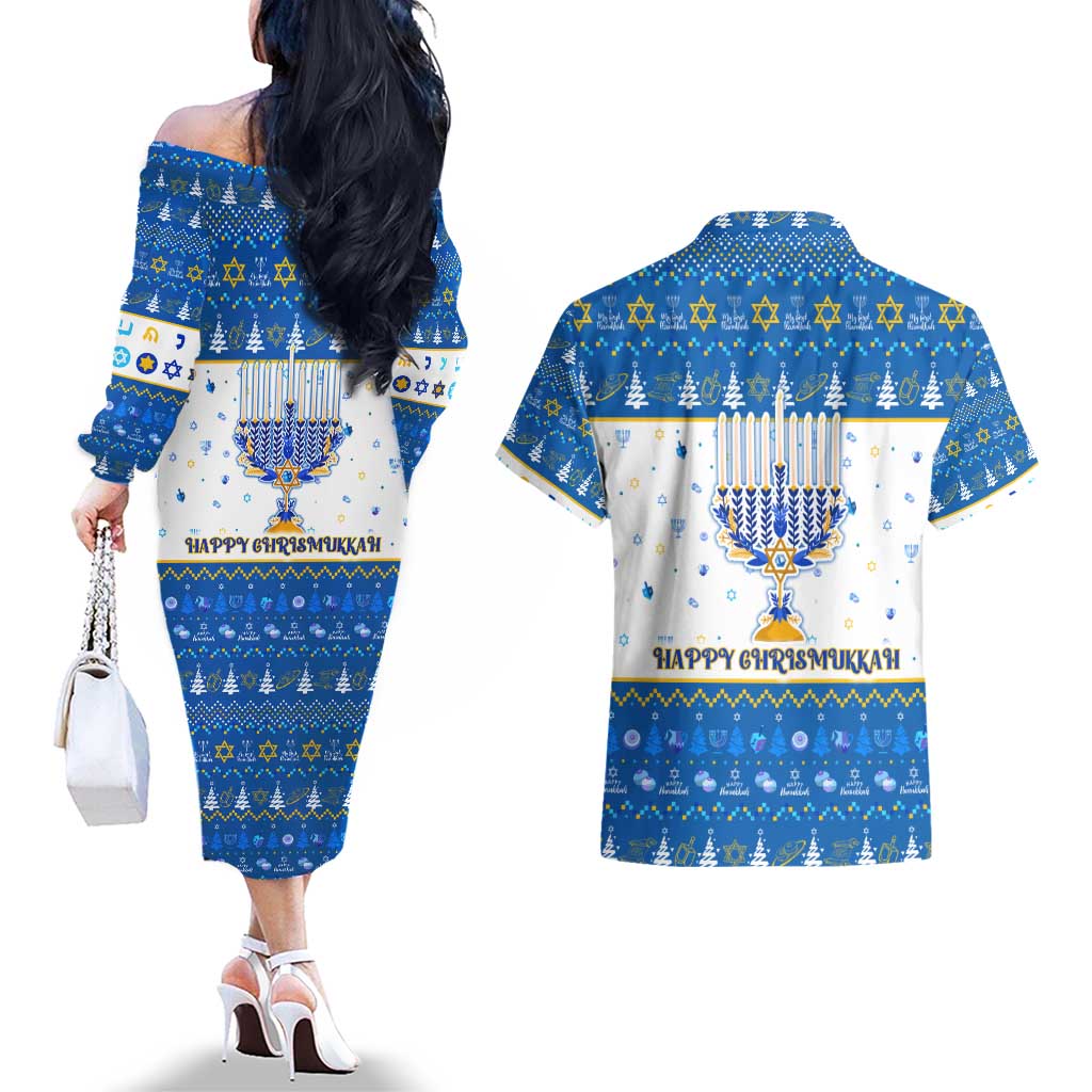 Happy Chrismukkah Couples Matching Off The Shoulder Long Sleeve Dress and Hawaiian Shirt Gnome Funny Hanukkah Christmas Mashup - Wonder Print Shop