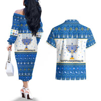 Happy Chrismukkah Couples Matching Off The Shoulder Long Sleeve Dress and Hawaiian Shirt Gnome Funny Hanukkah Christmas Mashup - Wonder Print Shop