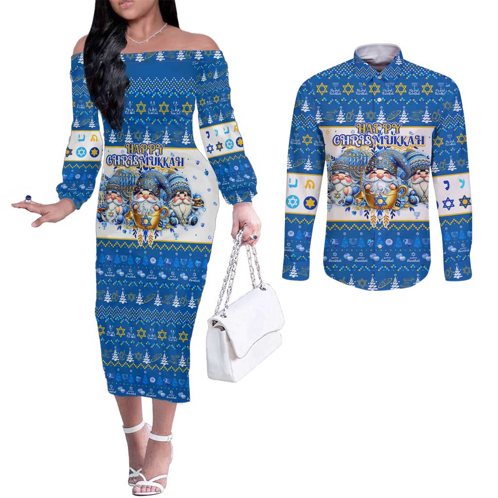 Happy Chrismukkah Couples Matching Off The Shoulder Long Sleeve Dress and Long Sleeve Button Shirt Gnome Funny Hanukkah Christmas Mashup - Wonder Print Shop