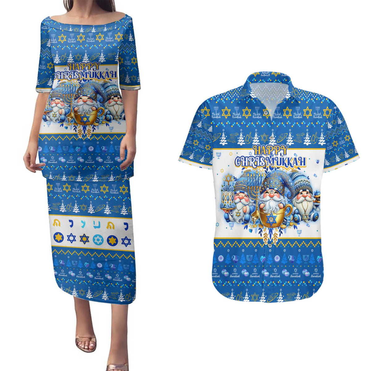 Happy Chrismukkah Couples Matching Puletasi and Hawaiian Shirt Gnome Funny Hanukkah Christmas Mashup - Wonder Print Shop