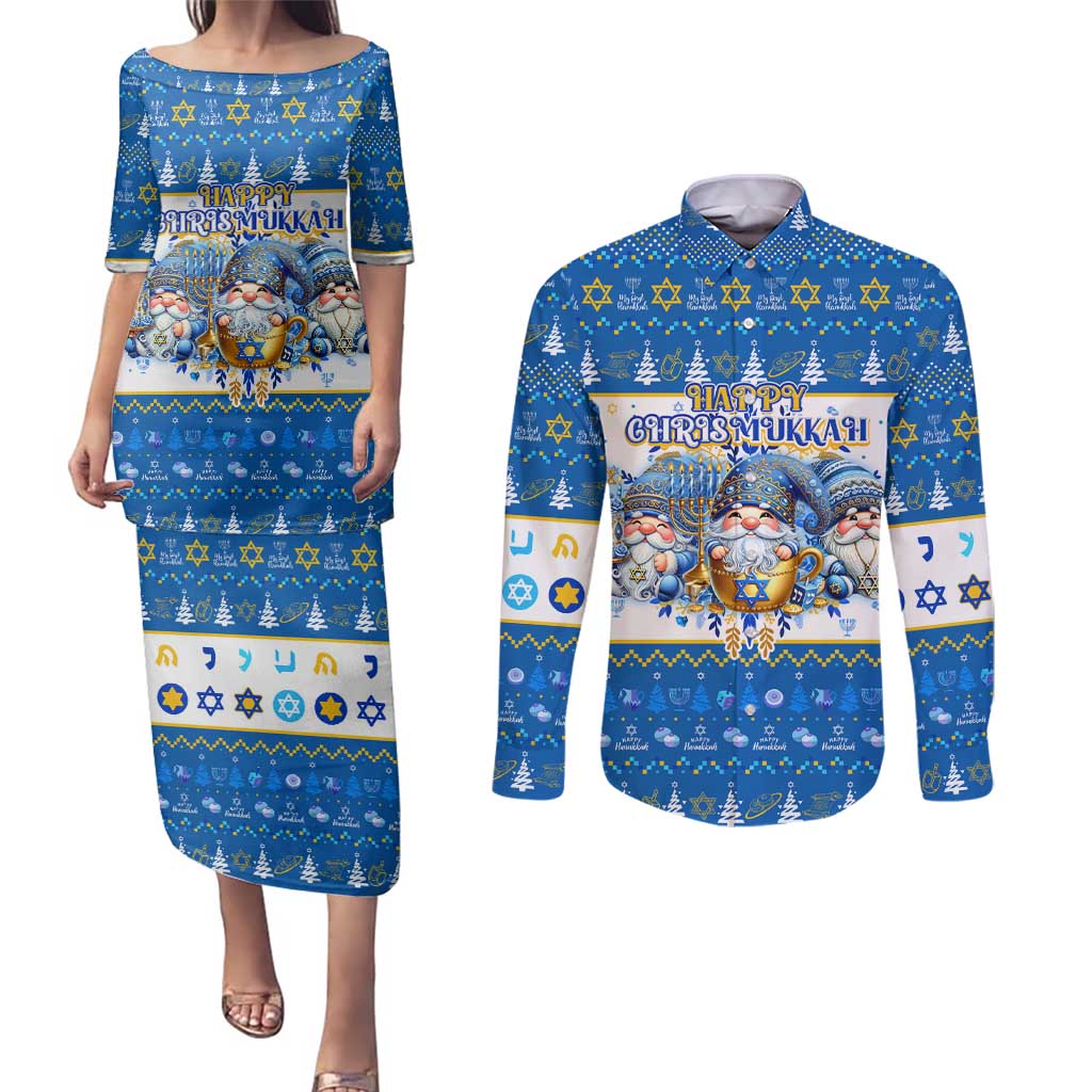 Happy Chrismukkah Couples Matching Puletasi and Long Sleeve Button Shirt Gnome Funny Hanukkah Christmas Mashup - Wonder Print Shop