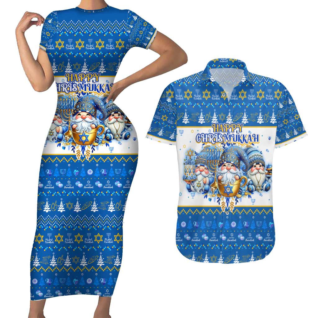 Happy Chrismukkah Couples Matching Short Sleeve Bodycon Dress and Hawaiian Shirt Gnome Funny Hanukkah Christmas Mashup - Wonder Print Shop