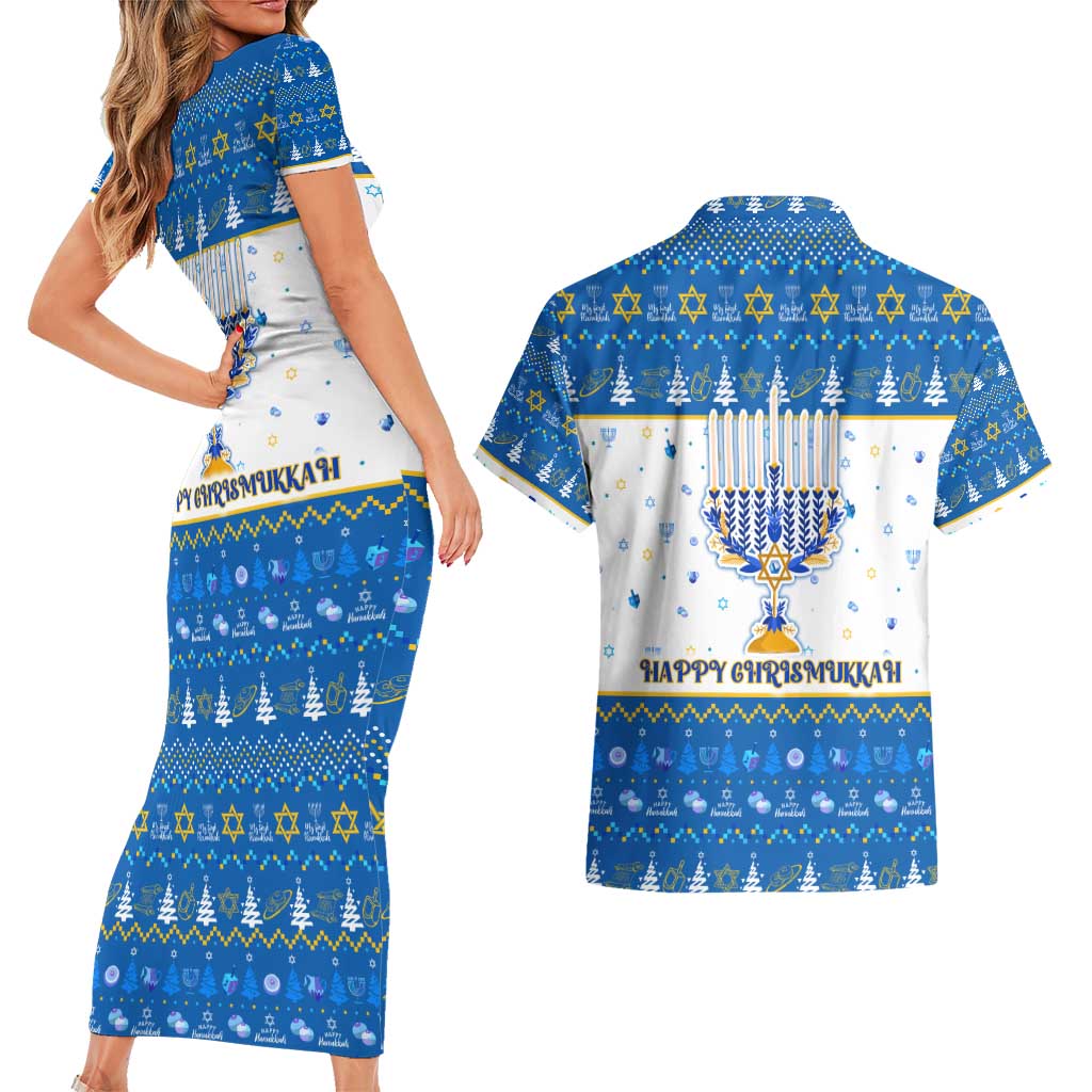 Happy Chrismukkah Couples Matching Short Sleeve Bodycon Dress and Hawaiian Shirt Gnome Funny Hanukkah Christmas Mashup - Wonder Print Shop