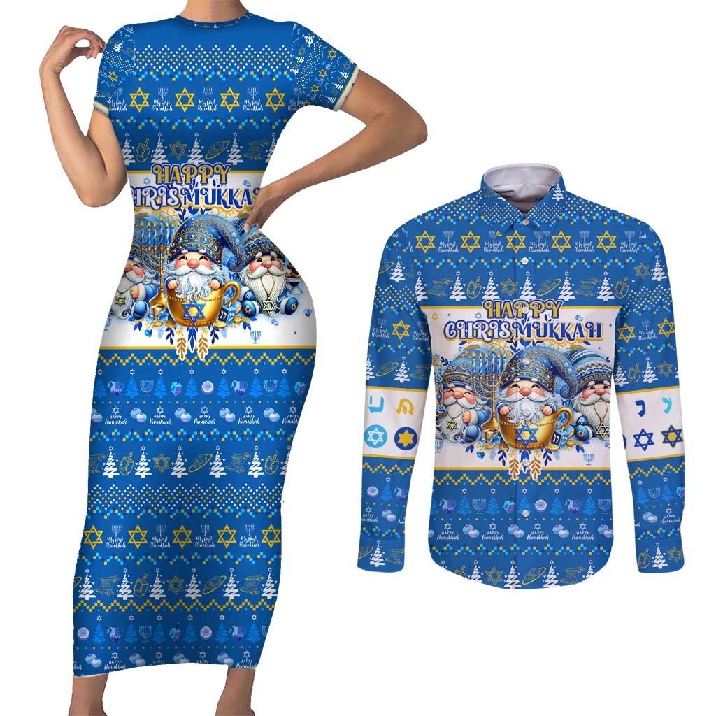 Happy Chrismukkah Couples Matching Short Sleeve Bodycon Dress and Long Sleeve Button Shirt Gnome Funny Hanukkah Christmas Mashup - Wonder Print Shop